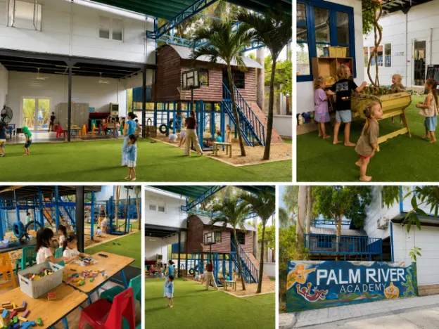 The playground, with its climbing frame, turf and treehouse