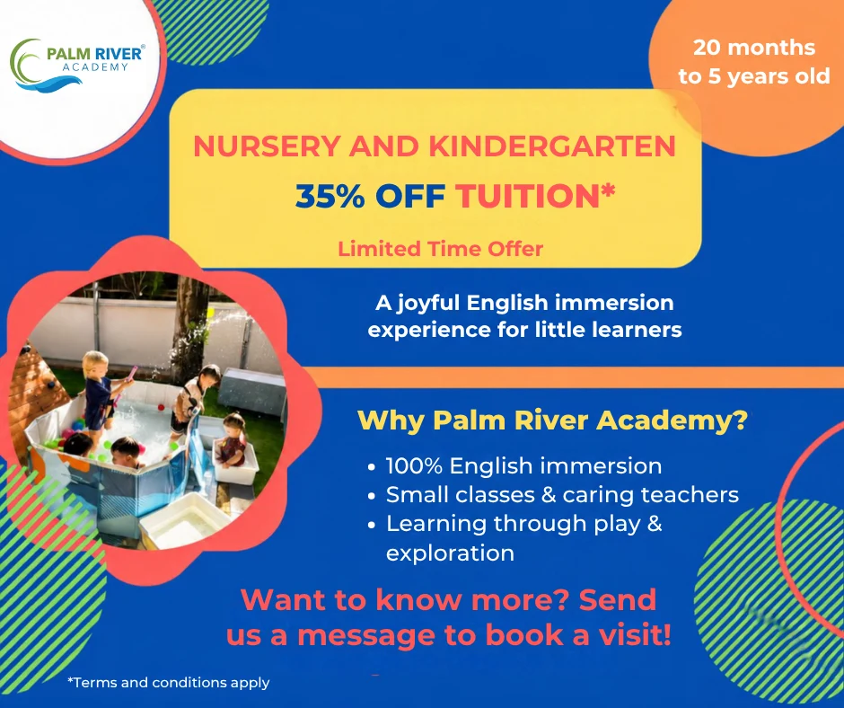 Nursery and Kindergarten flyer: 35% off tuition for a limited time, for children 20 months to 5 years, with English immersion and learning through play