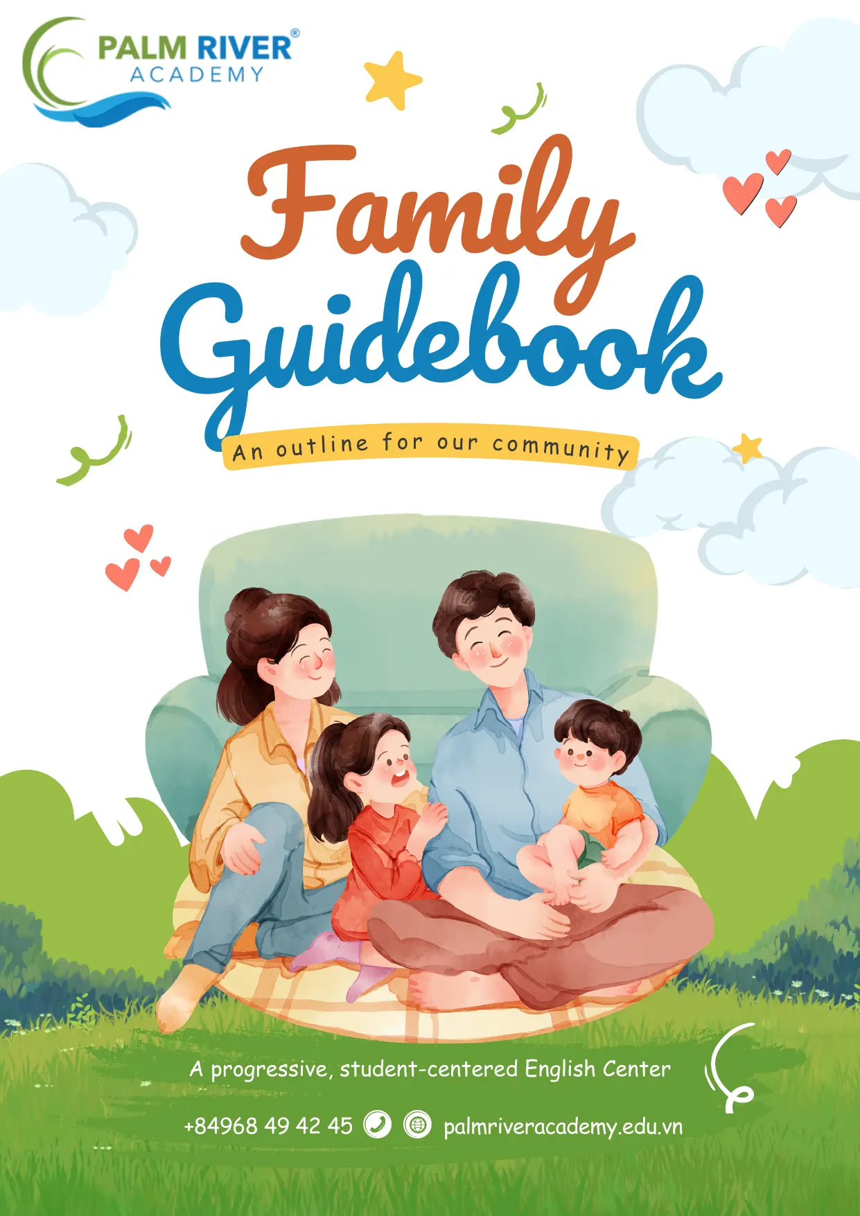Cover of the Palm River Academy Family Guidebook 2026: a family of four sitting together on a picnic blanket