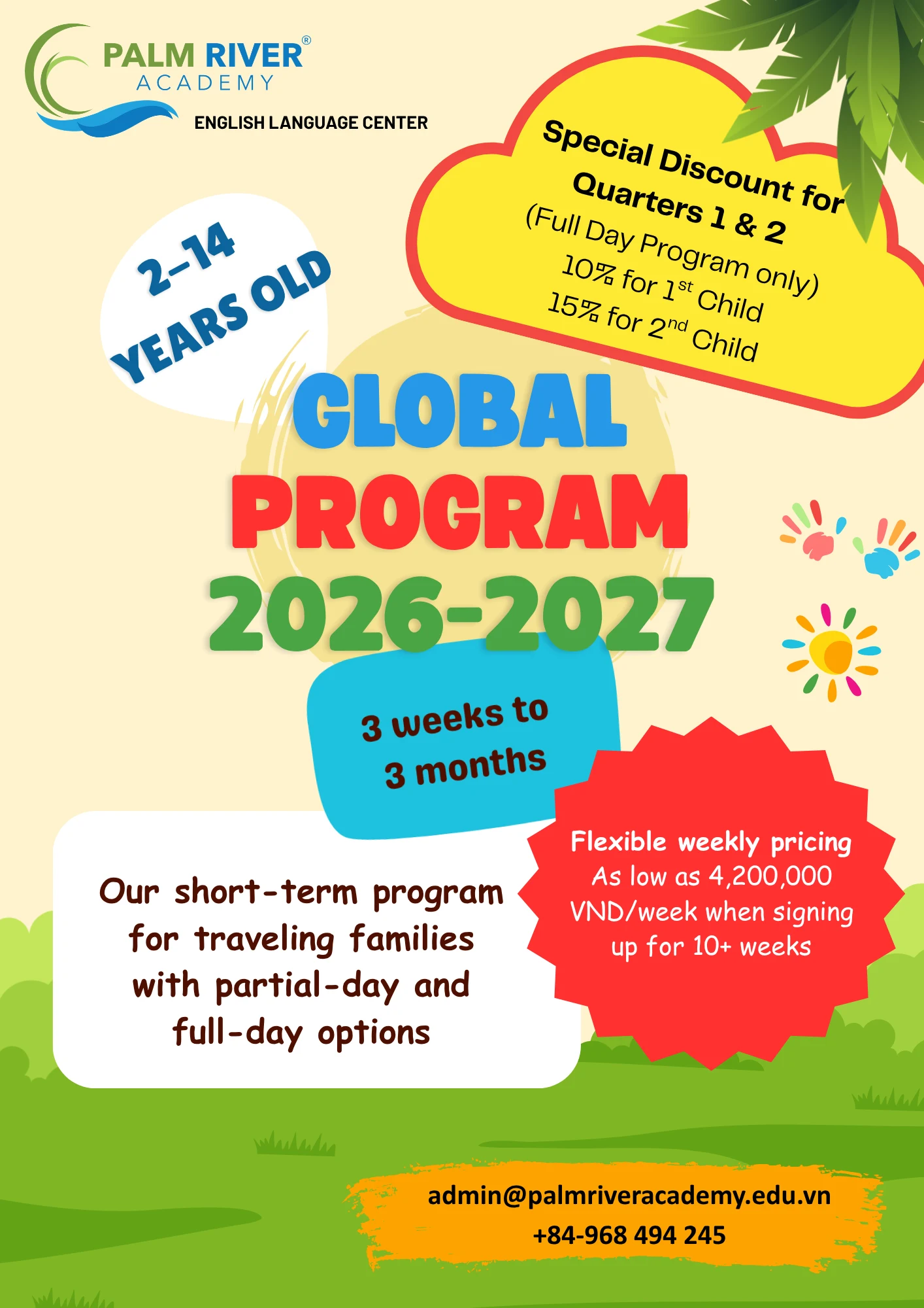 Global Program 2026-2027 flyer: a short-term program for traveling families, ages 2 to 14, three weeks to three months, with 10% off a first child and 15% off a second in Quarters 1 and 2