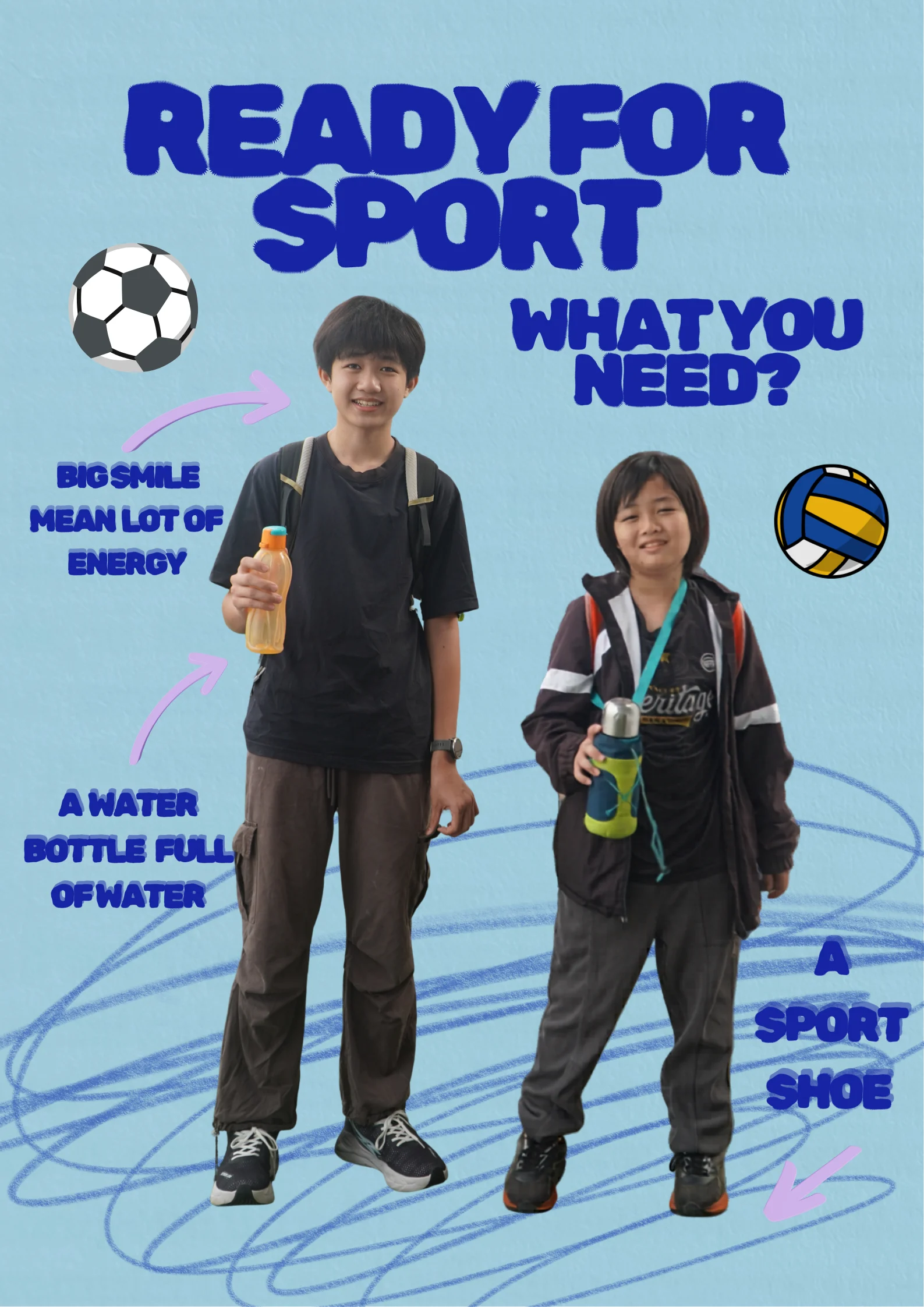 A poster made by Lower Secondary students on what to bring to sport: a smile, a full water bottle and sport shoes