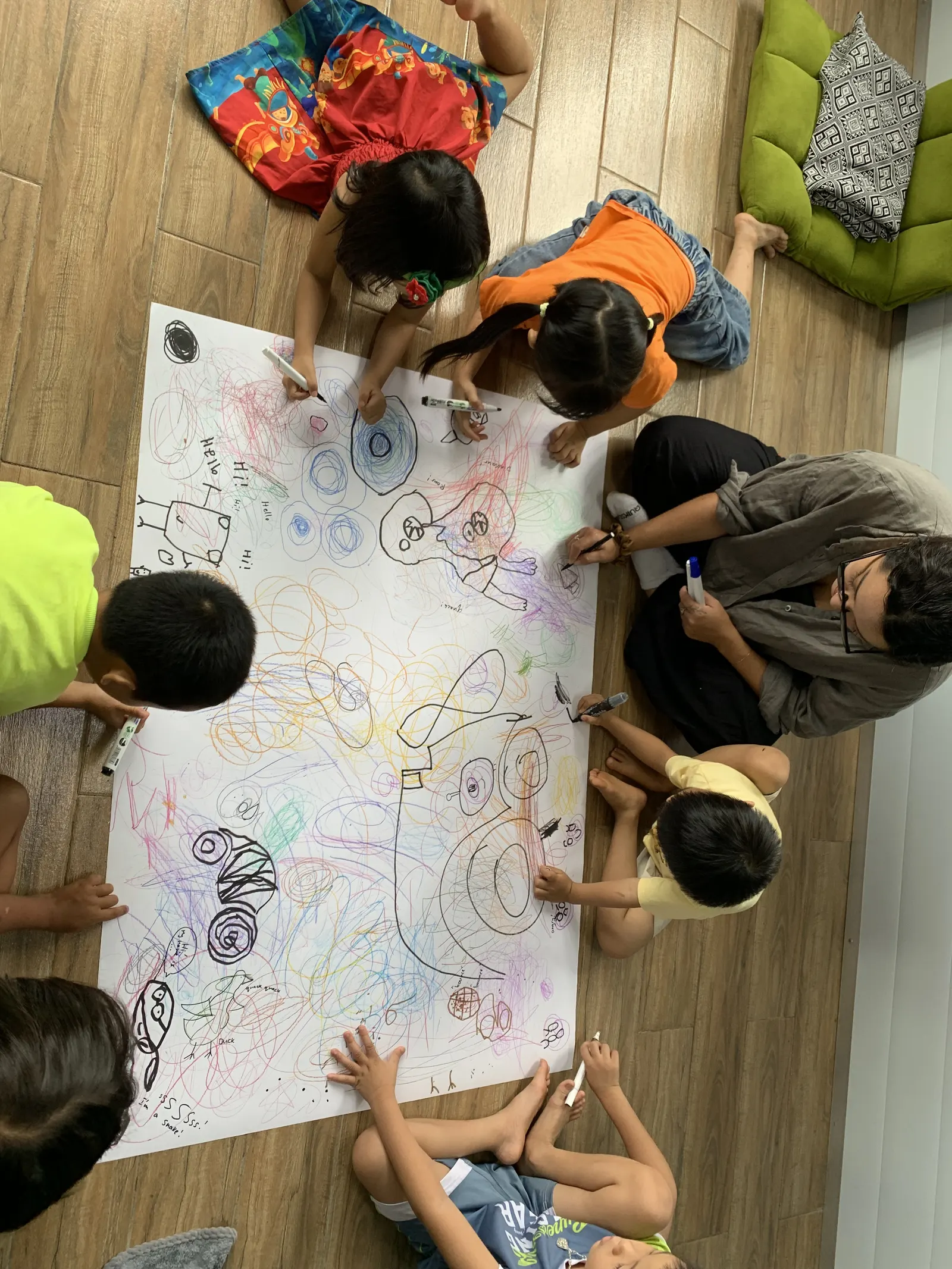 A Primary class drawing together on one big sheet of paper